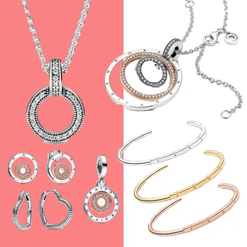 100% стерлинговое серебро подходит для оригинального логотипа Pandora, двухцветного ожерелья с несколькими кольцами, женского подарка ювелирных изделий 