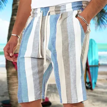 2022 Новые Мужские Повседневные Модные Полосатые шорты из искусственного льна, Льняные однотонные Короткие брюки, Мужские Летние Пляжные дышащие льняные шорты