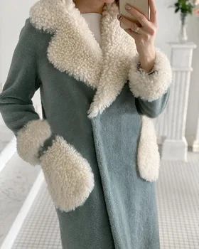 2023 Осенне-зимнее пальто из овечьей шерсти с длинным отворотом и карманом, женские однотонные плюшевые теплые куртки для женщин