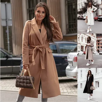 2023 Осенне-зимнее Простое женское флисовое пальто с V-образным вырезом и ремешком с длинным рукавом