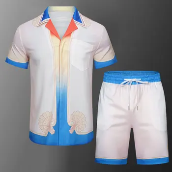 2023 Цветная рубашка с принтом, Костюм, Повседневный Свободный Короткий Пляжный Комплект с коротким рукавом, Мужские спортивные костюмы, Летние Рубашки + Шорты, Мужская одежда