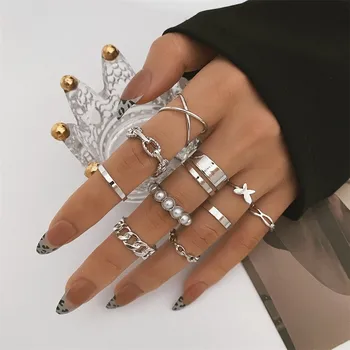 3шт, 10шт, Набор колец с геометрической бабочкой и жемчужной цепочкой для женщин, Модное круглое комбинированное кольцо на палец, вечерние Свадебные украшения, подарки