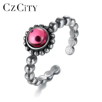 CZCITY Винтажный дизайн, тайские кольца из стерлингового серебра 925 пробы, изменяемые размеры, кольца для женщин, круглые ювелирные украшения из кристаллов, обручальное кольцо, подарок SR0216