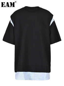 [EAM] Женская Повседневная футболка Большого размера в черную полоску с цветным блоком, Новая модная футболка с круглым вырезом и коротким рукавом, Весна-лето 2023 1DF7694