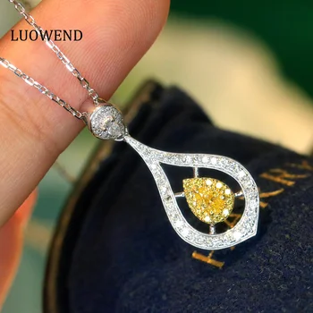 LUOWEND Ожерелье из цельного белого золота 18 карат с подвеской из настоящего желтого бриллианта, Модное дизайнерское украшение для вечеринок для женщин и девочек