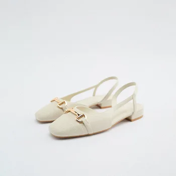 PBZA2023/ летняя брендовая дизайнерская новинка, бежевая женская обувь на пуговицах, темпераментные туфли-лодочки Muller на плоской подошве