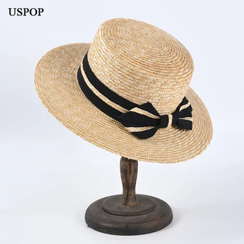 USPOP Новые соломенные шляпы от солнца, женские шляпы из пшеничной соломы с бантом, женские пляжные шляпы с плоским верхом, летние шляпы