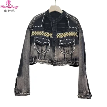 Yuxinfeng Модное Свободное Джинсовое пальто Для Женщин, Выдалбливающий Дизайн, Алмазная отделка, Короткая Джинсовая куртка С Длинными рукавами, Повседневные тяжелые пальто