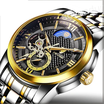 Автоматические Механические часы Tourbillon Мужские Moon Phase Мужские Деловые Часы Со Светящимся Покрытием из Нержавеющей Стали и Золота Relogio Masculino