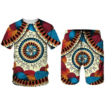 Африканский Комплект футболок с круглым вырезом в стиле Дашики, Ретро, Этнический стиль, 3D Принт, Мужская Летняя Повседневная Уличная Одежда, Пуловер Оверсайз, Трендовая Одежда