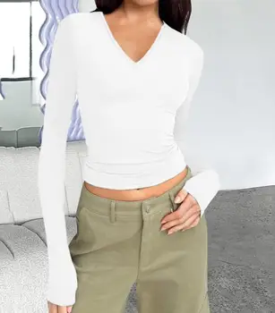 Базовая приталенная универсальная футболка с V-образным вырезом и длинными рукавами, женский однотонный пуловер с длинными рукавами, уличный законодатель моды