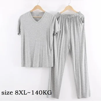Большие Размеры 8XL 140K, Летние Мужские Пижамные Комплекты из Модала, Топы с V-образным вырезом и длинными рукавами, Удобные Повседневные Мягкие пижамы