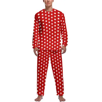 Винтажная пижама в горошек, Мужской Красно-белый Милый Домашний костюм, Весенние Пижамные комплекты с длинным рукавом, 2 предмета, Повседневный дизайн