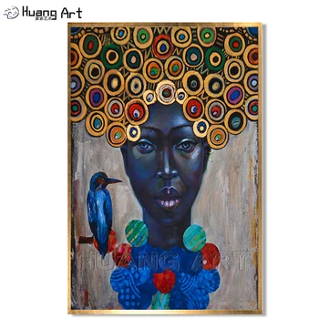 Высококачественная Современная Абстрактная картина Маслом с Круглыми Волосами Африканской женщины и птицы Абстрактное Африканское искусство Настенная живопись Картина