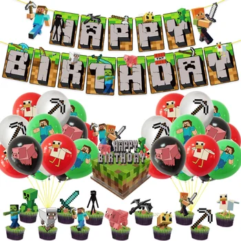 Декор для Вечеринки в честь Дня Рождения для Шахтеров, Воздушный шар, Пиксельный игровой Баннер, Воздушные шары, Торт, Топпер, Мультяшная игра, Тематический декор для вечеринки