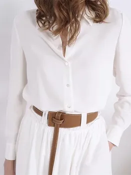 Женская Белая рубашка в стиле OL с Отложным воротником, Шелковая Простая Однобортная Женская Блузка с длинным рукавом, Лето 2023