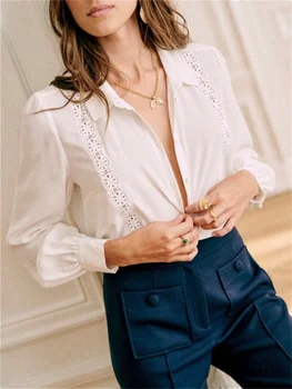 Женская рубашка с отложным воротником, открытая кружевная блузка с вышивкой, темпераментная офисная леди, ранняя весна