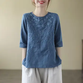 Женская футболка из хлопка и льна в стиле ретро, однотонная блузка с коротким рукавом, Свободный топ с вышивкой и круглым вырезом, Летняя традиционная футболка для дзен-чая
