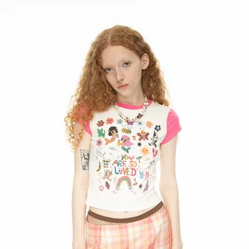 Женская футболка с короткими рукавами, приталенный хлопок, граффити, красочный растительный цветочный принт, круглый вырез, розовый, синий, белый, летняя мода, 1 шт.