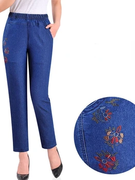 Женские брюки, весенние тонкие джинсы с вышивкой и эластичной талией, модные повседневные брюки из эластичного денима размера плюс для мамы
