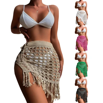 Женские Вязаные Саронги, однотонные прозрачные мини-пляжные юбки с кисточками, летние Накидки на купальник с разрезом на шнурке