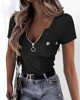 Женские модные обтягивающие черные топы с V-образным вырезом, повседневная футболка Slim Fit, короткий рукав, молния спереди, повседневная футболка