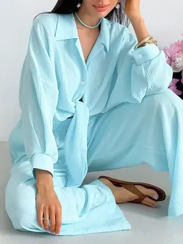 Женский уютный пижамный комплект с рубашкой на пуговицах с длинным рукавом и широкими штанами с эластичной резинкой на талии - идеальная осенняя пижама и