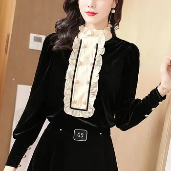 Женский Черный золотой бархатный топ, Корейская модная дизайнерская футболка с длинным рукавом, Офисная женская осенне-зимняя рубашка с грибком Сбоку, Сексуальная Za