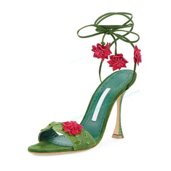 Зеленый цветочный декор, босоножки с ремешком сзади, женская обувь с открытым носком, завязанная крест-накрест, Пикантные туфли на тонком высоком каблуке, 2023 Zapatos Para Mujere