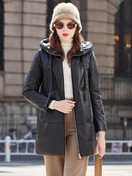 и минималистичный модный кожаный пуховик Patty's для женщин средней длины 2022, маленькая кожаная куртка из овечьей кожи с капюшоном для