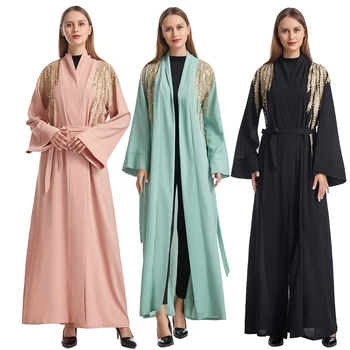 Кардиган для мусульманской леди с аппликацией и вышивкой, длинные рукава, Абайя, арабские женщины, однотонный традиционный халат длиной до щиколоток, платье Макси