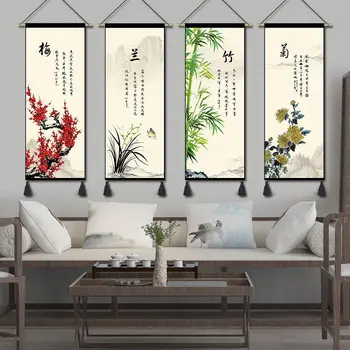 Китайский стиль Прокрутки Холст для Рисования Цветочный Декор Комнаты Эстетическое Настенное Искусство Подвесной Гобелен Гостиная Спальня Украшение Дома