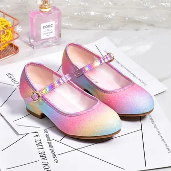 Кожаная обувь для девочек 2023 года, Новое детское платье на высоком каблуке с радужными блестками, танцевальный этикет для выступлений, детская обувь принцессы
