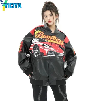 Куртки-бомберы YICIYA, кожаные пальто, зимняя одежда, женский Американский гоночный мотоцикл, женская бейсбольная куртка с длинным рукавом