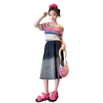 Летний Новый комплект модной одежды для девочек-подростков в корейском стиле, топ с коротким рукавом + юбка, двойка, уличный костюм для детей, наряды