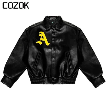 Мужская куртка-бомбер в стиле хип-хоп, кожаная куртка с вышивкой для колледжа 2023, Модная повседневная университетская куртка, бейсбольные пальто Унисекс
