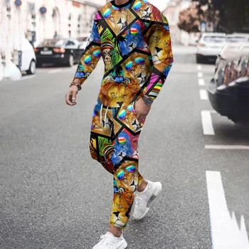 Мужская модная футболка с изображением животных, спортивный костюм с 3D принтом, мужская спортивная одежда для бега, рубашка с длинными рукавами, брюки, костюм, свободные комплекты