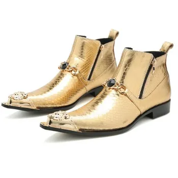 Мужские ботильоны с золотым металлическим носком, зимние ботинки из натуральной кожи, обувь для сцены с Т-образным вырезом на молнии, Большие размеры 38-46