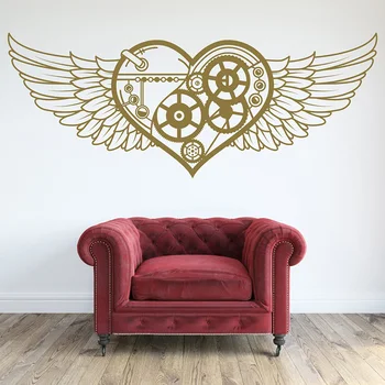 Наклейка на стену в виде сердца в стиле Стимпанк, Крылья, Виниловый трафарет в рулоне, Художественный подарок для гостиной, Водонепроницаемое украшение в виде крыльев LR78