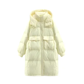 Новое Поступление, Длинное зимнее пальто, Толстая теплая куртка для женщин, Большой капюшон на 50% белом утином пуху, Модные Большие передние карманы