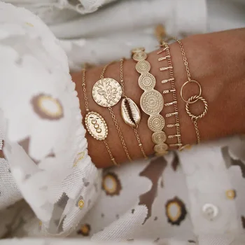 Новый набор тотемных браслетов золотого цвета в стиле ретро для женщин, геометрические круглые листья, шарм в виде ракушки, открытый браслет, Винтажные модные украшения