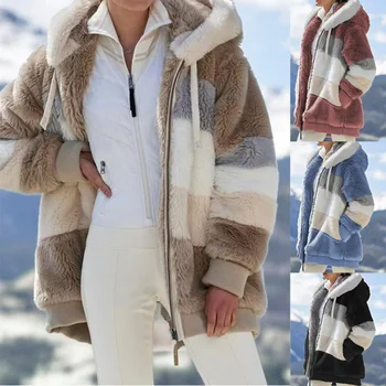 Пальто для женщин 2023, Осень/Зима, Теплая Плюшевая панель, карман на молнии, Свободное Пальто С капюшоном, Женское зимнее пальто