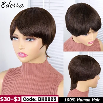 Парики из человеческих волос Pixie Cut Straight Remy Бразильские волосы для чернокожих женщин Машинного производства Дешевые Бесклеевые Черные Прямые с челкой