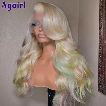 Переливающиеся светлыми объемными волнистыми париками из человеческих волос 180% Смесь розового, зеленого, желтого и 613 кружевных париков, прозрачных для женщин