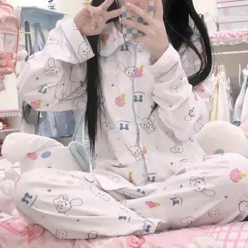 Пижама Kawaii Sanrio Cinnamoroll, Весенне-осенний комплект брюк с длинными рукавами, Мультяшная милая девушка, Домашняя одежда, подарок на улицу