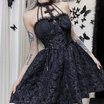Плиссированное платье на Хэллоуин, Летнее Новое дизайнерское платье с крестом на шее, однотонная пышная юбка для женщин