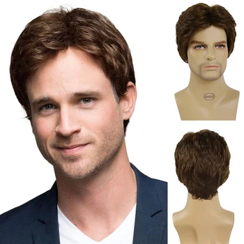 Синтетические парики GNIMEGIL для мужчин, Короткий парик с челкой, модная прическа, каштановый парик, натуральная стрижка, замена волос, многослойный парик