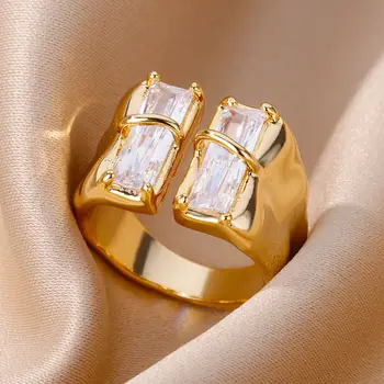 Старинные квадратные кольца с кристаллами и камнями Для женщин И Мужчин, Открытое Золотое Широкое кольцо из нержавеющей Стали 2023, Роскошные свадебные украшения bague