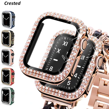 Стекло + Чехол для Apple Watch case 40 мм 44 мм 45 мм 41 мм Аксессуары iWatch с бриллиантами + Защитная пленка для экрана Apple watch series 9 8 3 6 SE 7