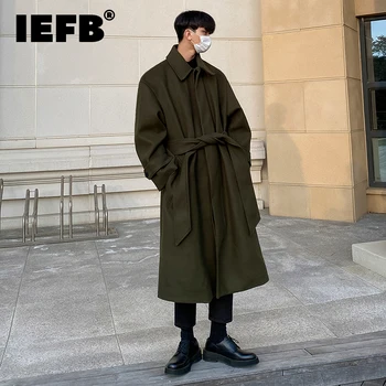 Твидовое пальто IEFB, Мужское Осенне-Зимнее Длинное Пальто, Свободное, длиной до колена, Новая Корейская Британская Утолщенная Шерстяная куртка с поясом D1221